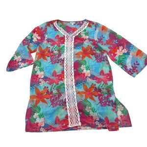 Talbots Womens Floral Print Kimono Cover Up Blouse Blue Pink Orange Size S